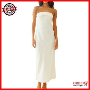 Satin Strapless Maxi Dress Backless Formal Gown Wedding Guest